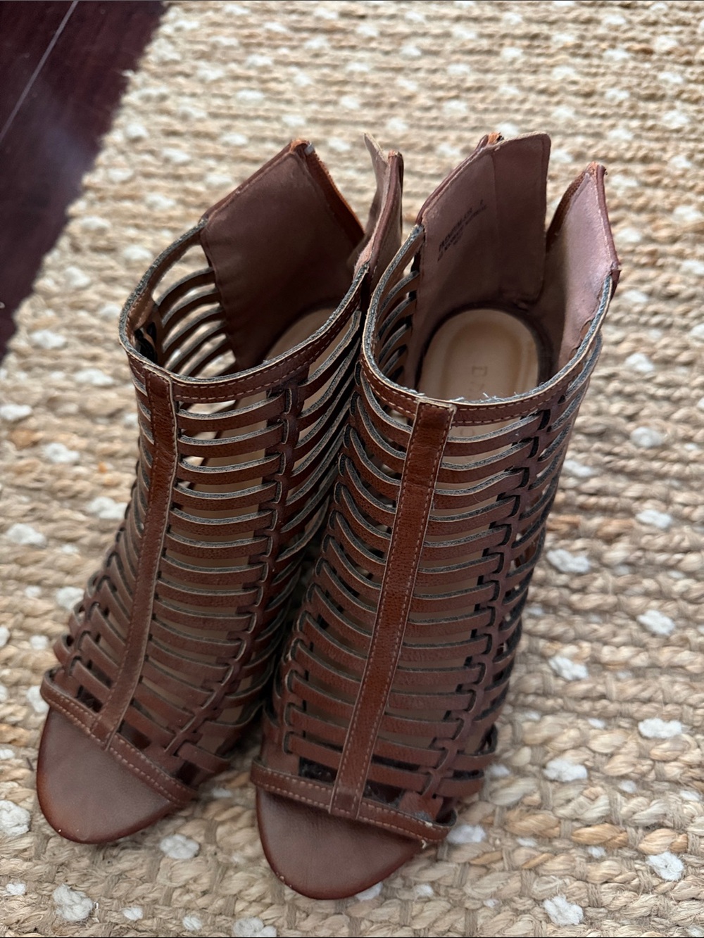 BAMBOO Brown Strappy Cage Peep-Toe Heels